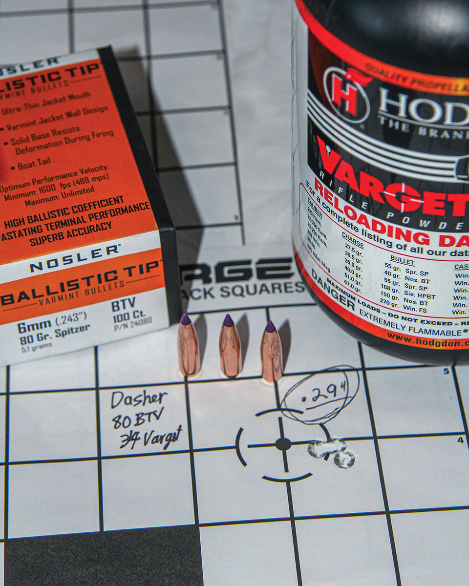 This .29-inch group was the result of Nosler’s 80-grain Ballistic Tip Varmint and 34 grains of Hodgdon Varget. Average velocities were a sizzling 3,304 fps.